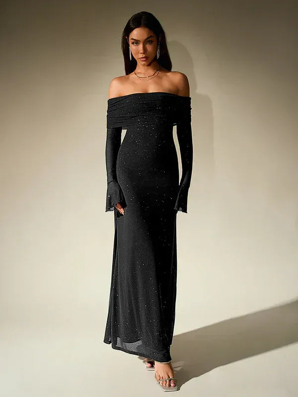 Off-Shoulder Evening Gown – Elegant Long Sleeve Maxi Dress