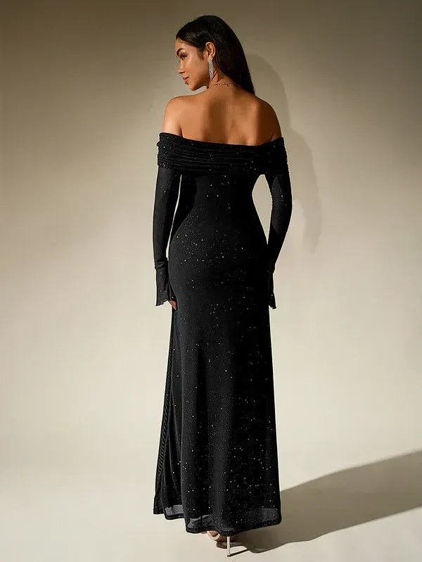 Off-Shoulder Evening Gown – Elegant Long Sleeve Maxi Dress