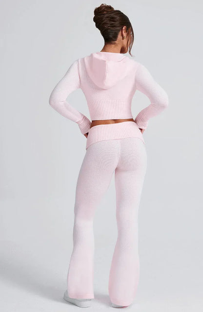 Soft Knit Lounge Set with Hooded Zip-Up & Flared Pants