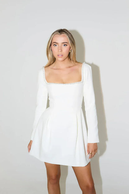 Mini Dress with Pearl Trim & Long Sleeves