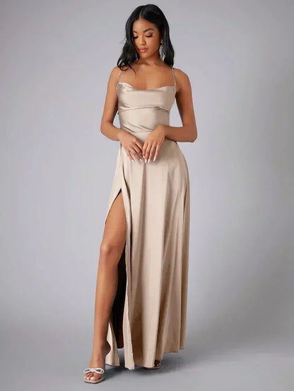 Satin Cowl Neck Backless Slit Maxi Dress