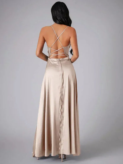 Satin Cowl Neck Backless Slit Maxi Dress