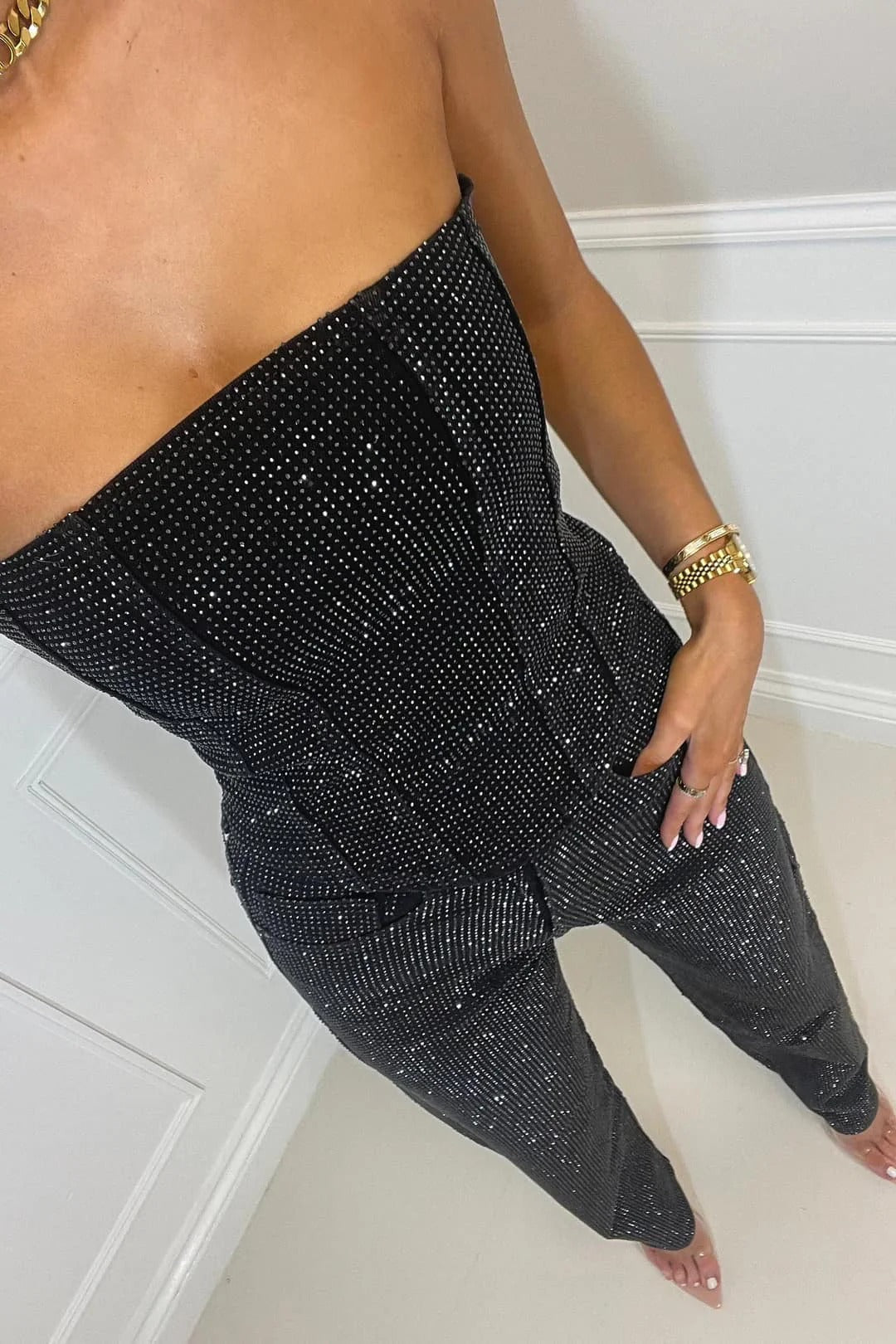 Sequin Denim Strapless Corset & Wide Leg Pants Set