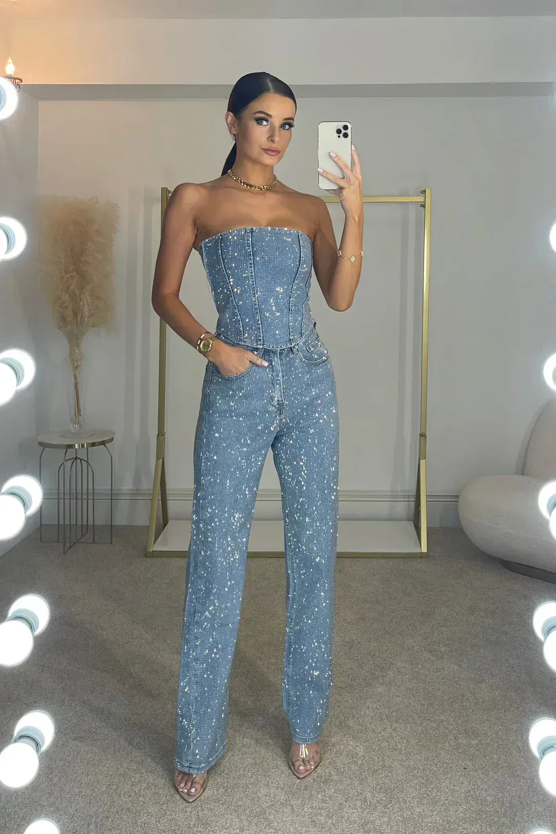 Sequin Denim Strapless Corset & Wide Leg Pants Set