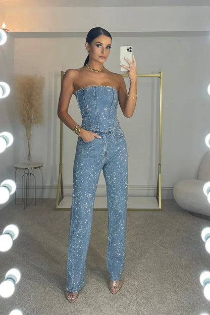 Sequin Denim Strapless Corset & Wide Leg Pants Set