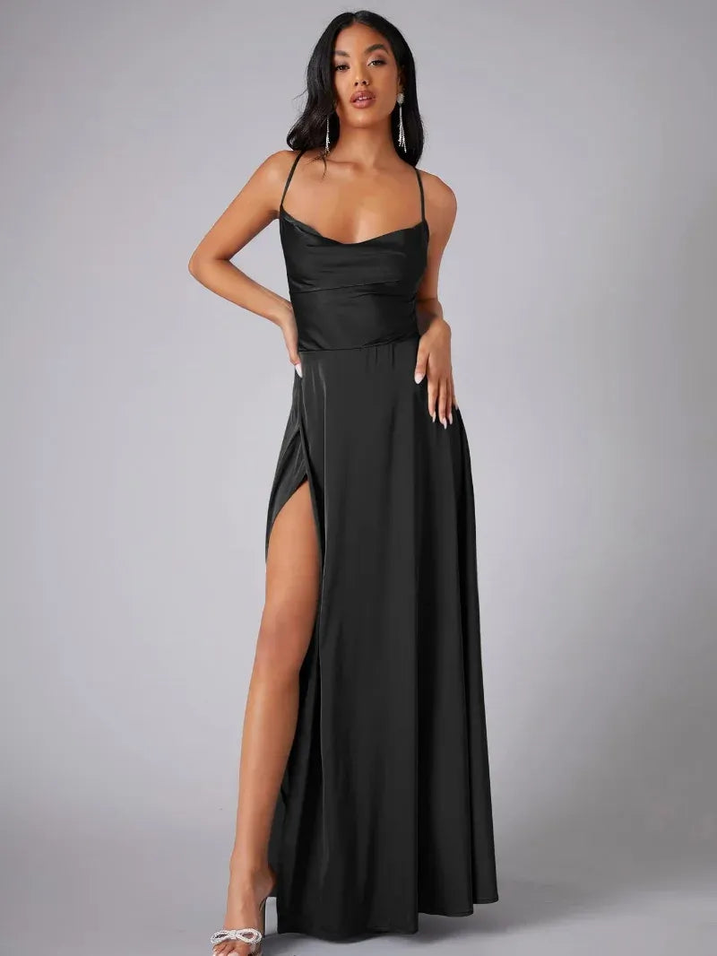 Satin Cowl Neck Backless Slit Maxi Dress