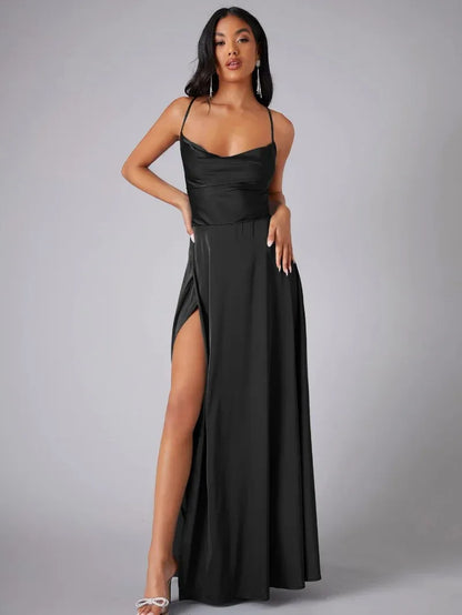Satin Cowl Neck Backless Slit Maxi Dress