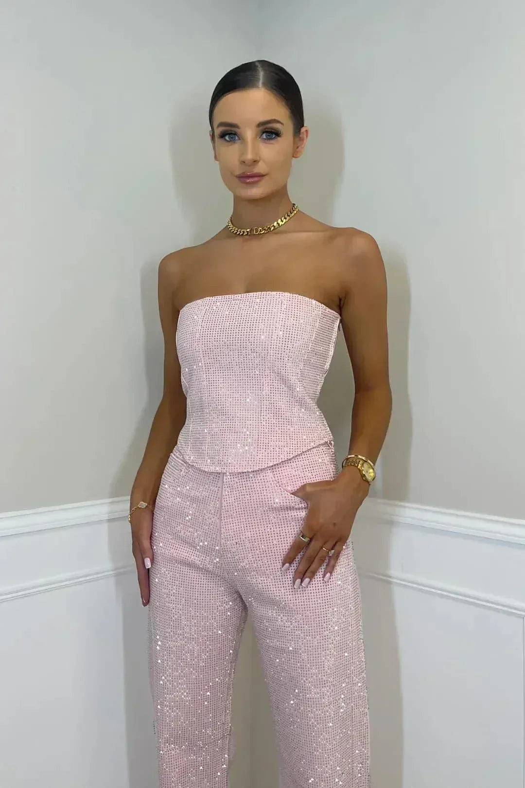 Sequin Denim Strapless Corset & Wide Leg Pants Set