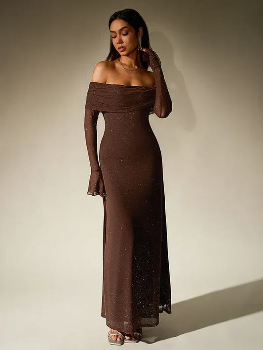Off-Shoulder Evening Gown – Elegant Long Sleeve Maxi Dress