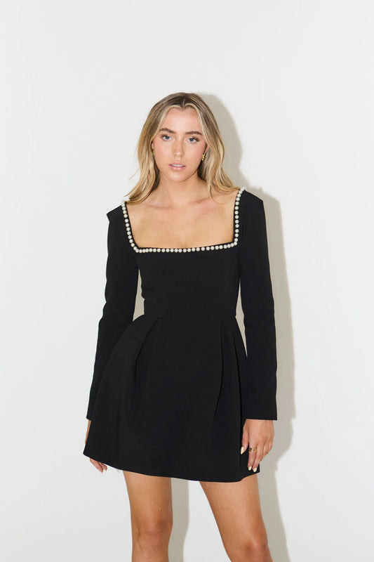 Mini Dress with Pearl Trim & Long Sleeves
