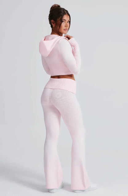 Soft Knit Lounge Set with Hooded Zip-Up & Flared Pants