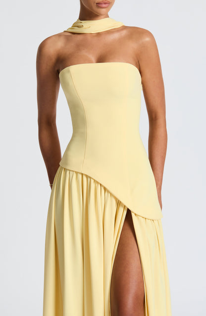Strapless Maxi Dress with High Slit & Asymmetric Waist