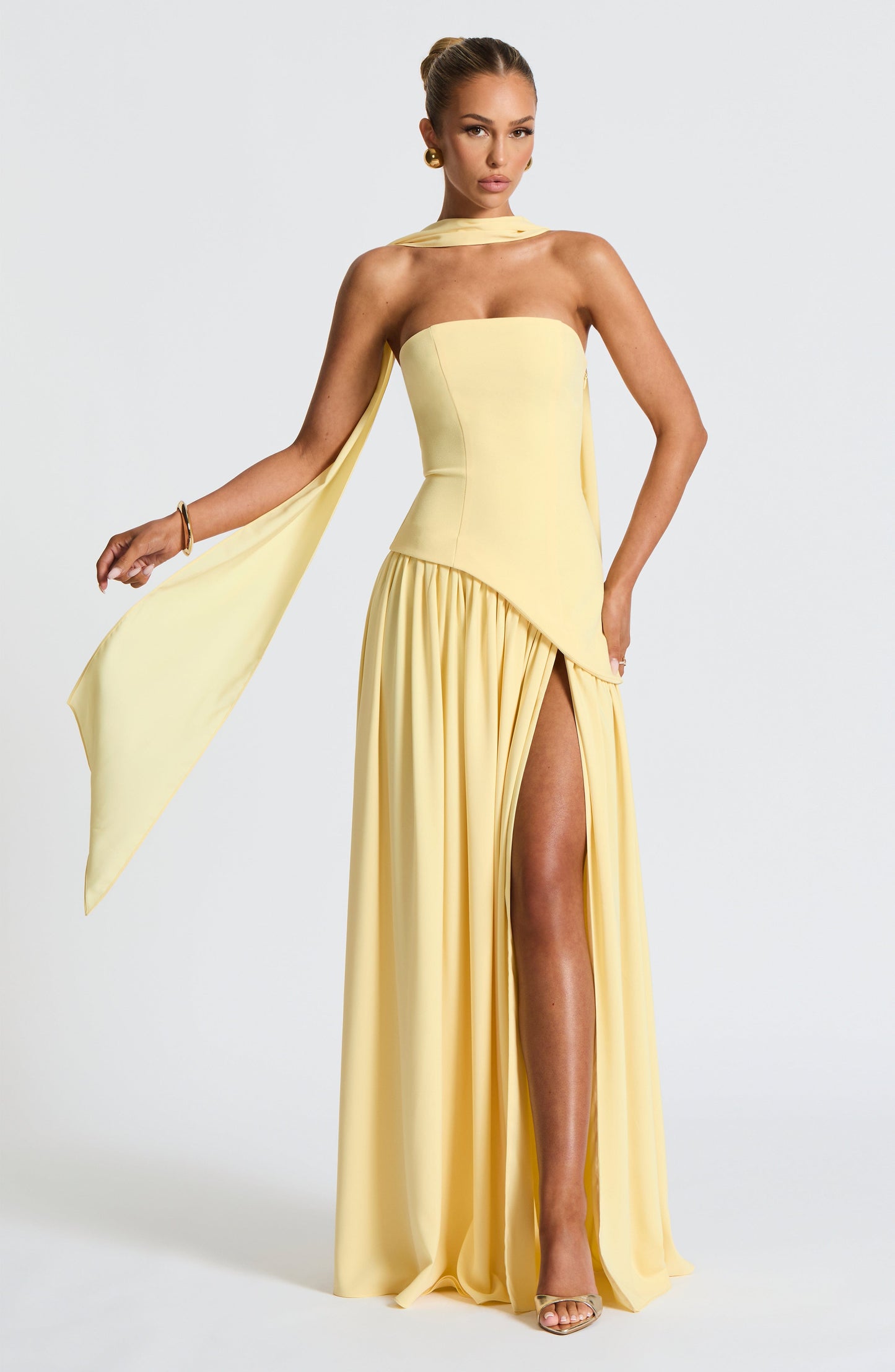 Strapless Maxi Dress with High Slit & Asymmetric Waist