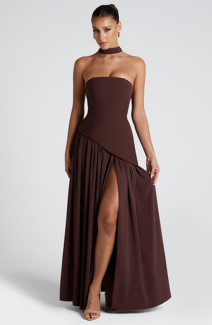 Strapless Maxi Dress with High Slit & Asymmetric Waist