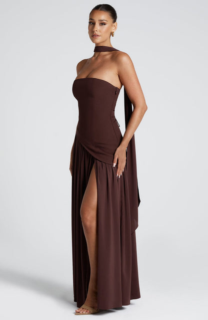 Strapless Maxi Dress with High Slit & Asymmetric Waist