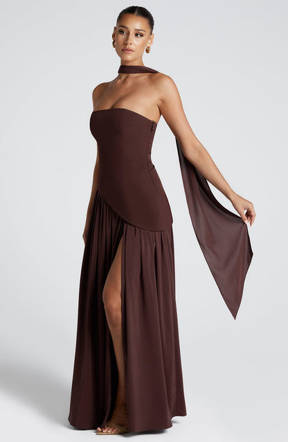 Strapless Maxi Dress with High Slit & Asymmetric Waist