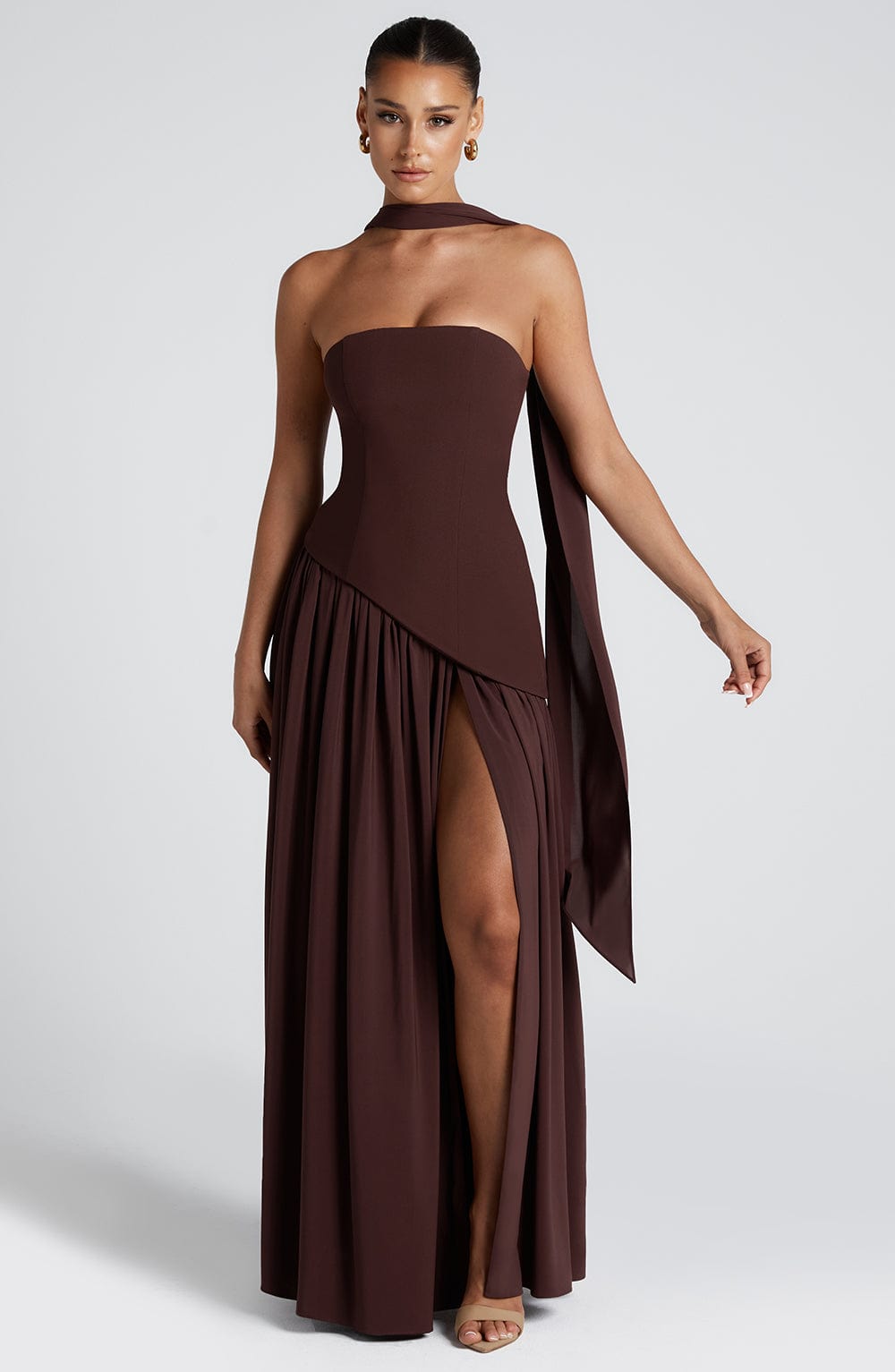 Strapless Maxi Dress with High Slit & Asymmetric Waist