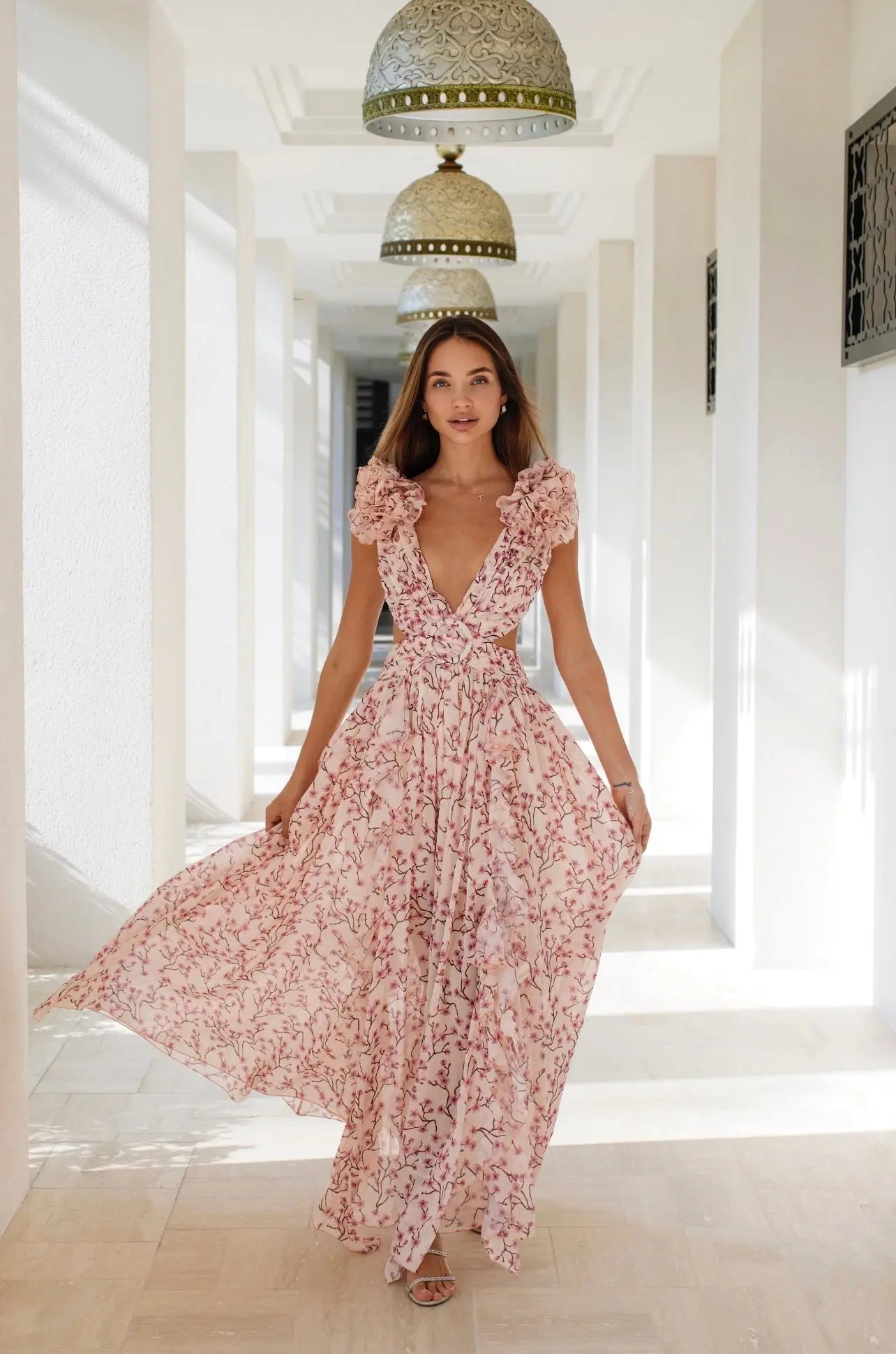 Maxi Dress with Deep V-Neck and Floral Print