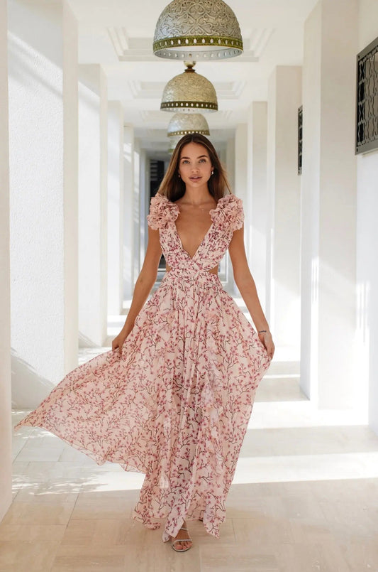 Maxi Dress with Deep V-Neck and Floral Print