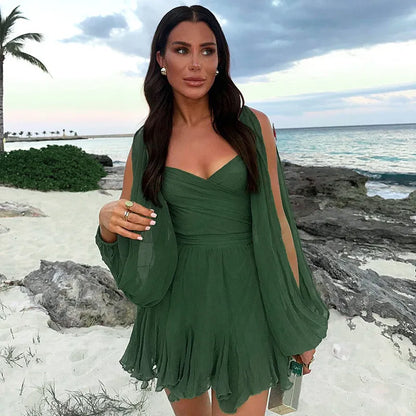 Deep V-Neck A-Line Dress with Ruffles