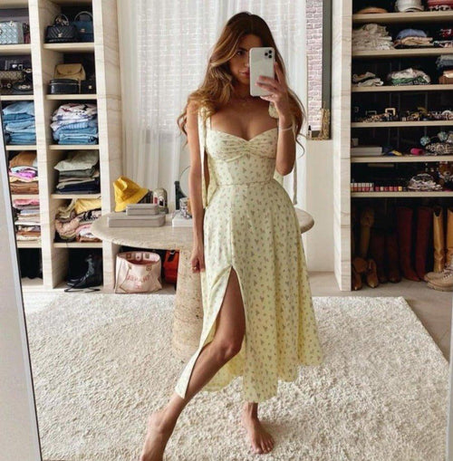 Elegant Floral Thigh Split Dress